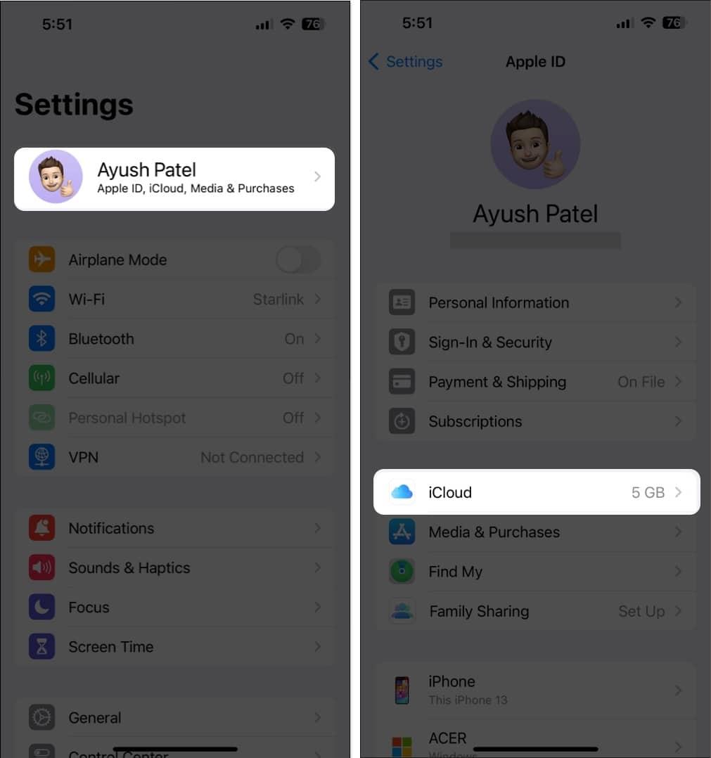 Select iCloud in Apple ID banner on iPhone
