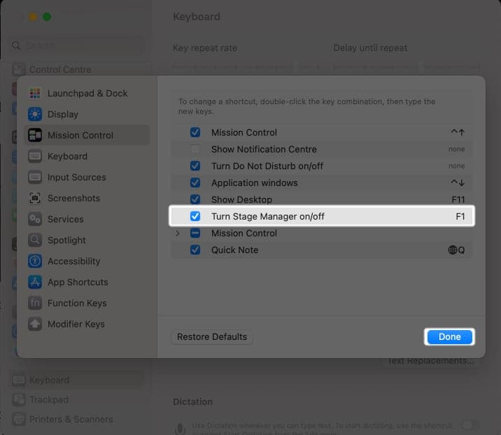 Select the shortcut key and tap done