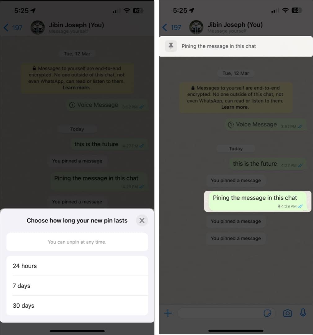 Select the timeframe to pin the message