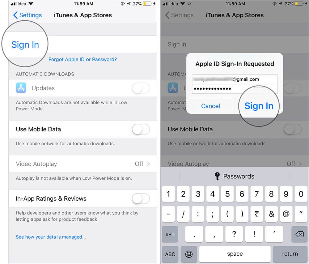 Sign in to iTunes and App Store in iOS Settings
