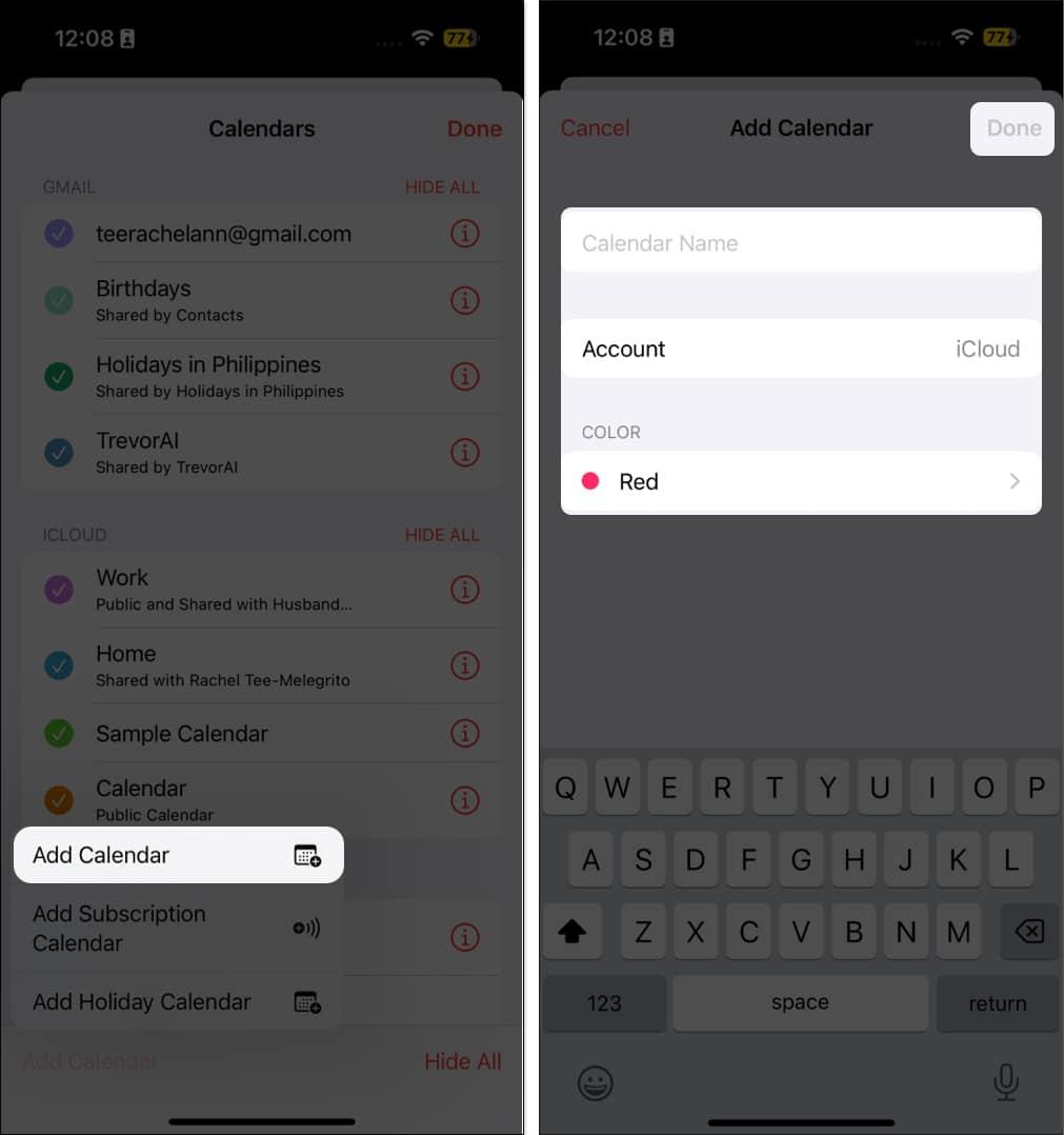 Tap Add Calendar then add details and tap Done