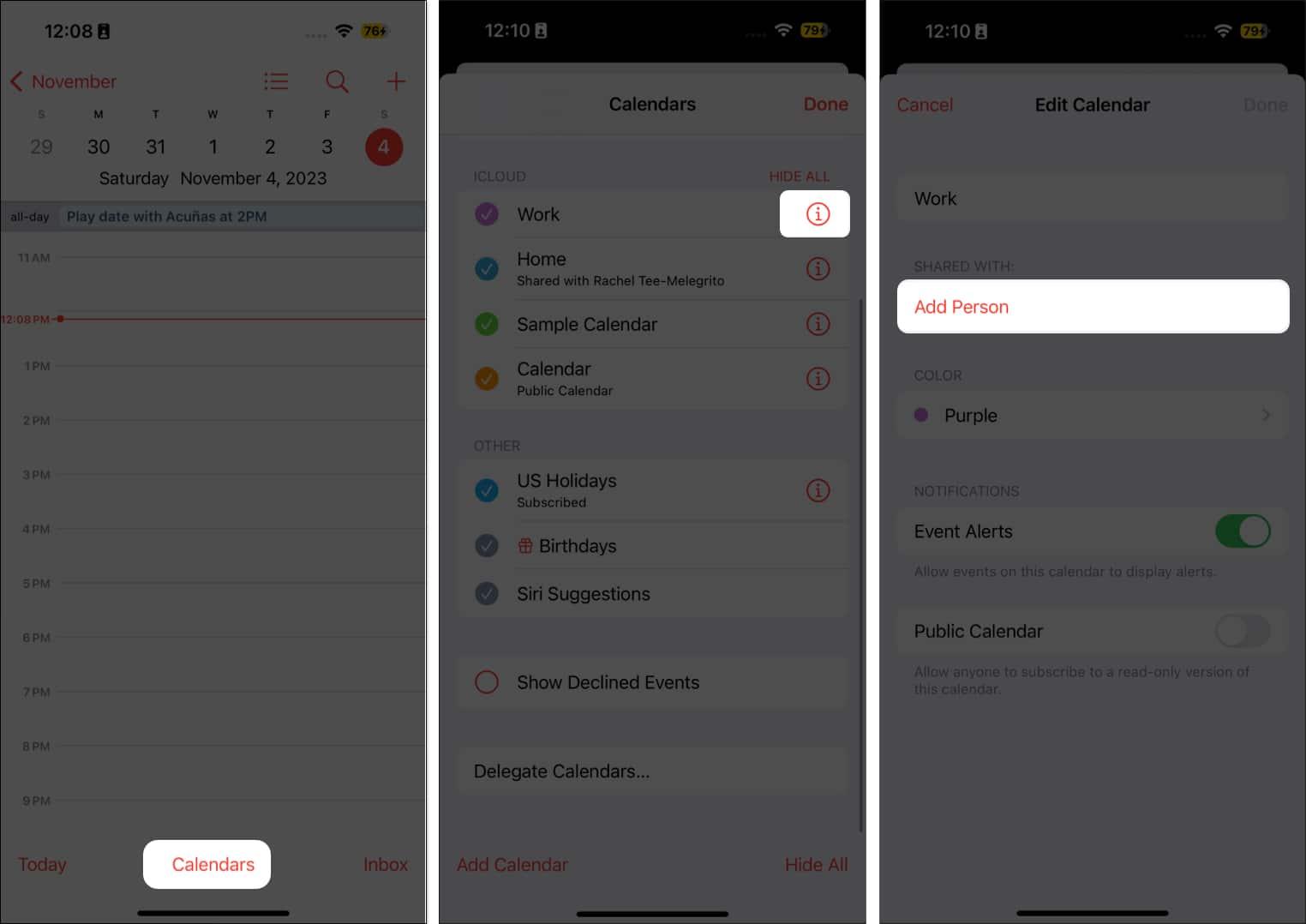 Tap Calendars, tap the Info button and Select Add Person