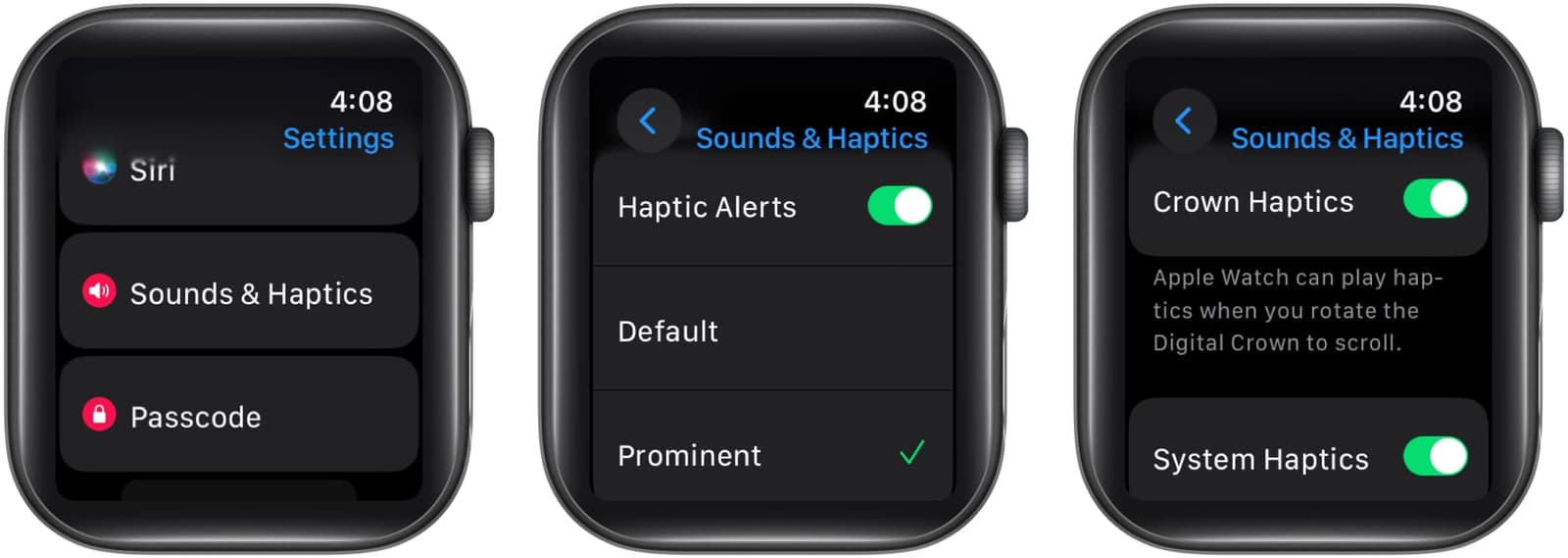 Tap Sounds & Haptics, toggle on Haptics, select Prominent