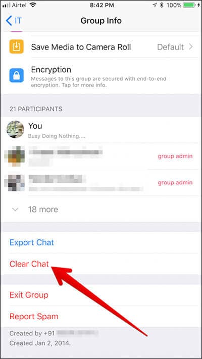 Tap on Clear Chat in WhatsApp on iPhone
