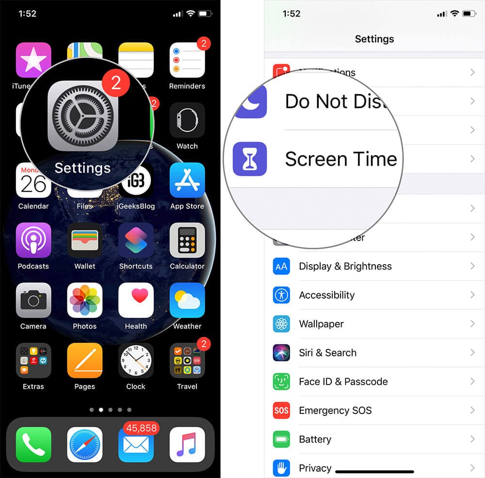 Tap on Settings then Screen Time on iPhone or iPad