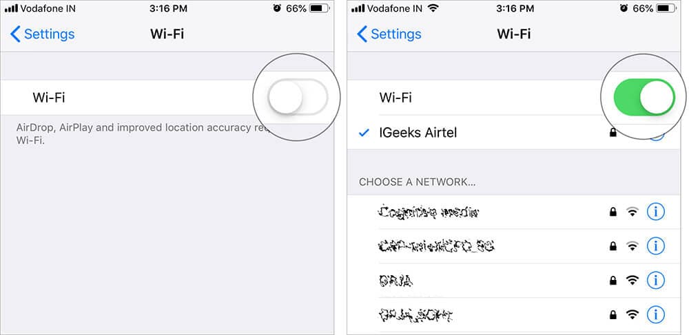 Turn OFF or ON WiFi on iPhone