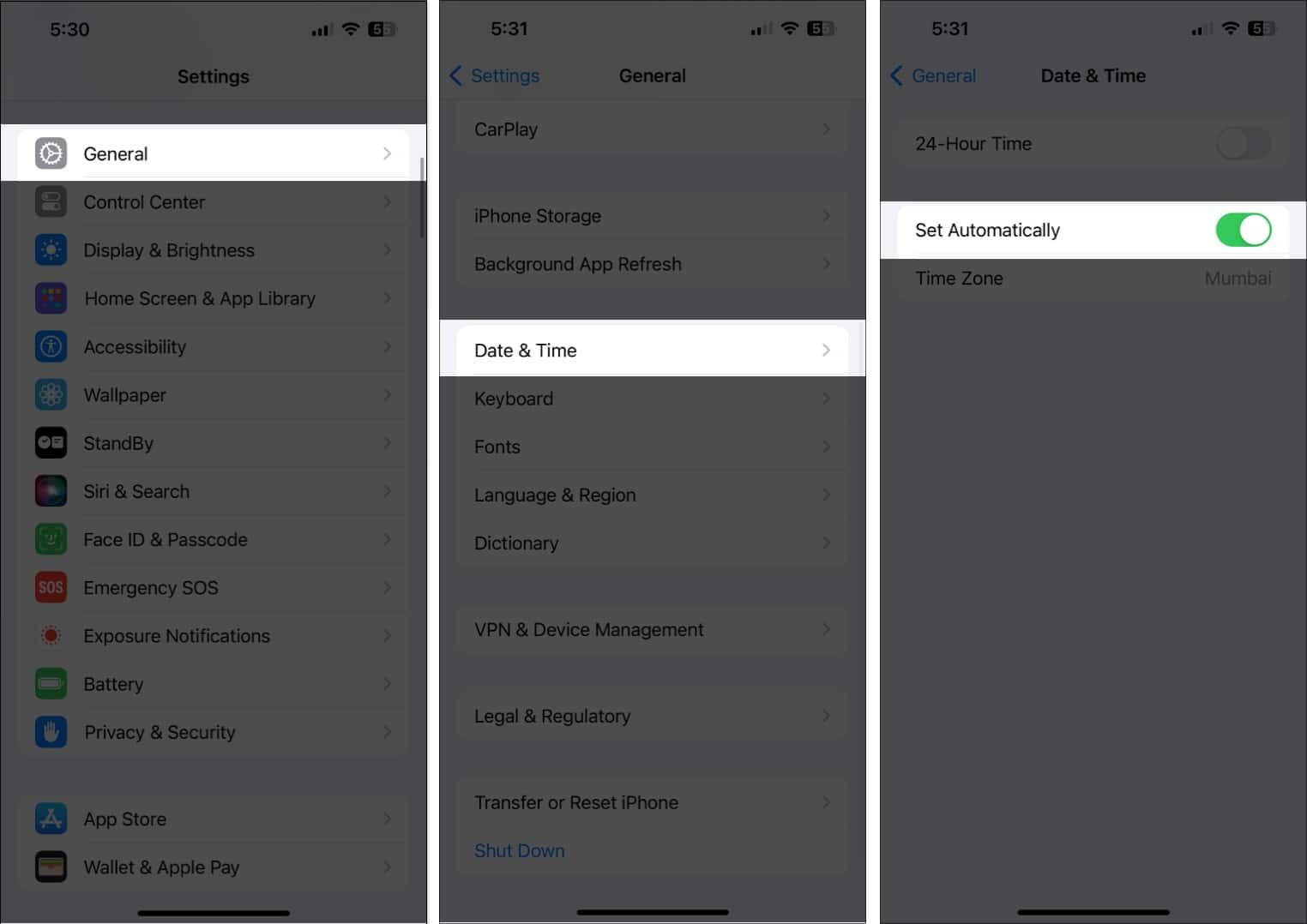 Set Automatically toggle under Date & Time settings on an iPhone.