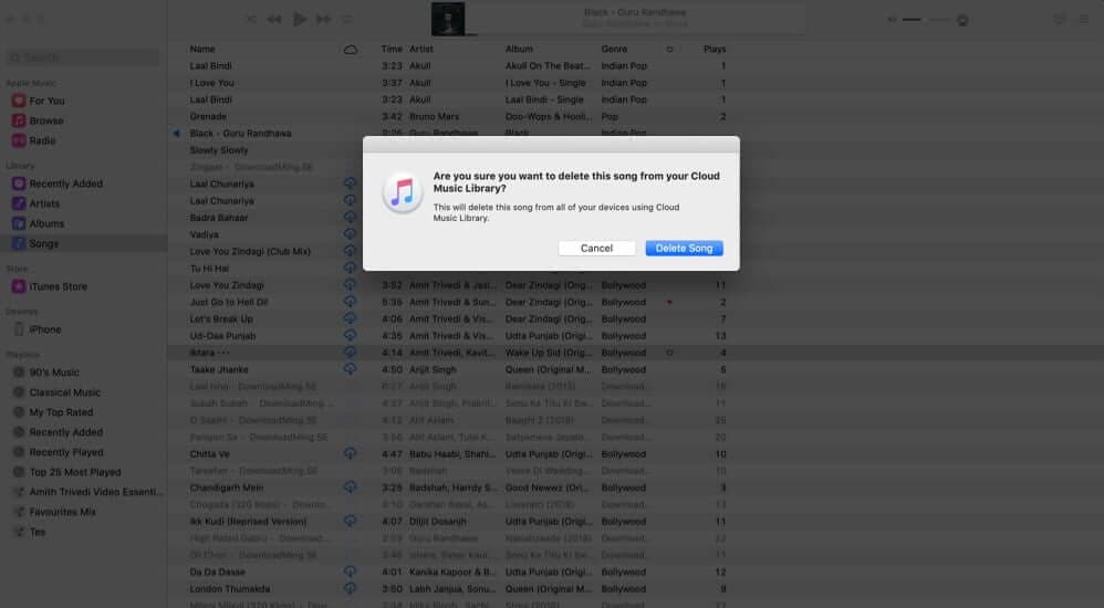 click on delete song to remove songs added to apple music library on mac