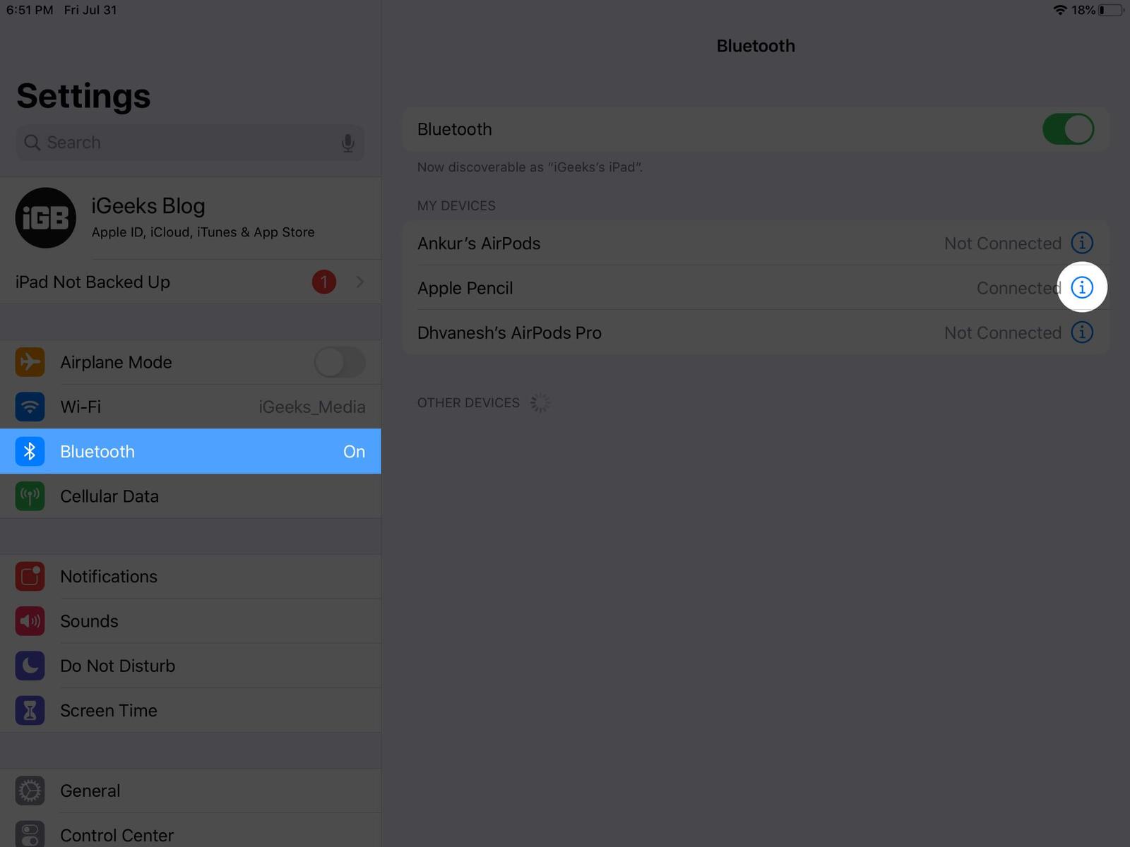 open settings tap on bluetooth and tap on i next to connected apple pencil on ipad