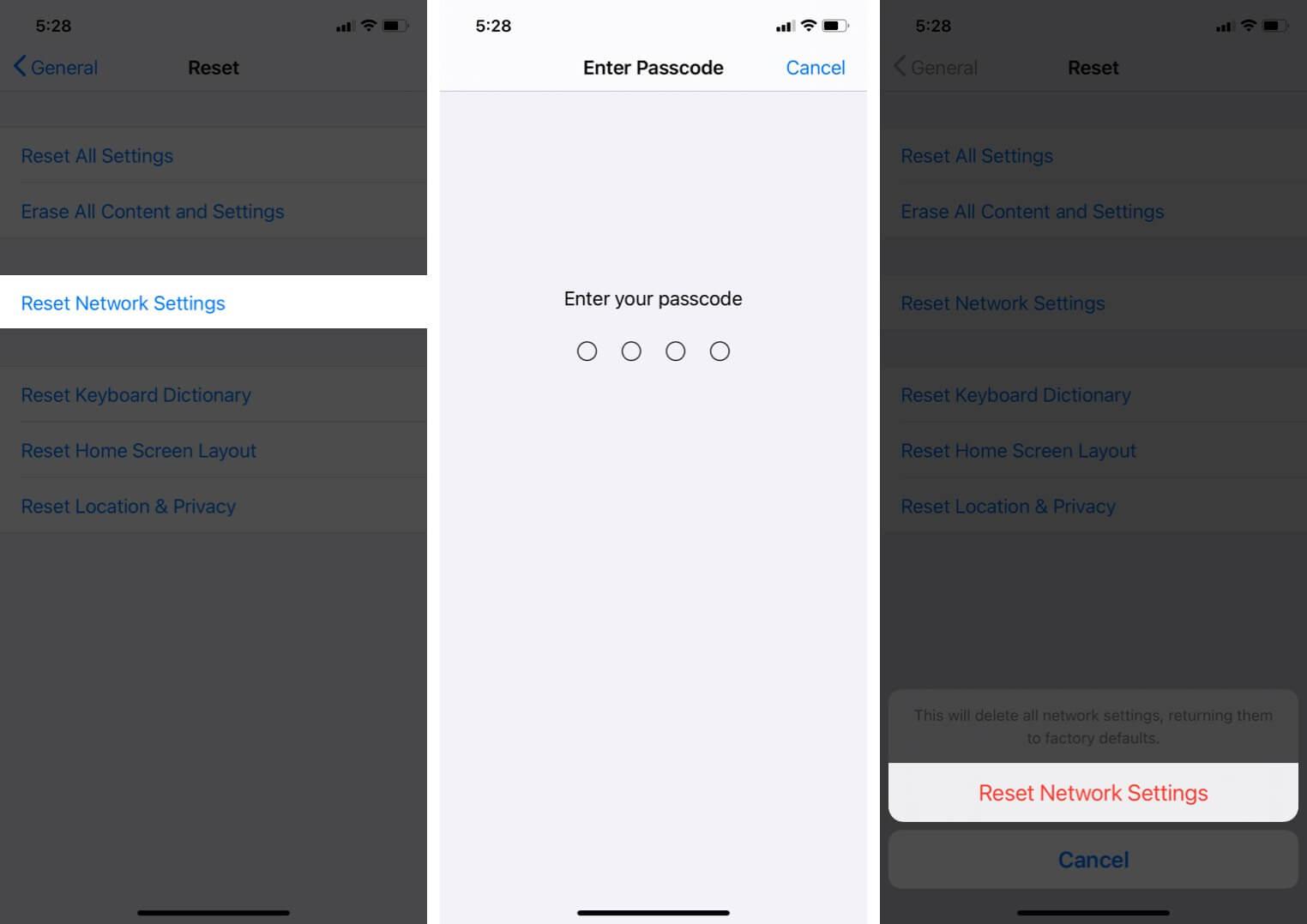 reset network settings on iphone