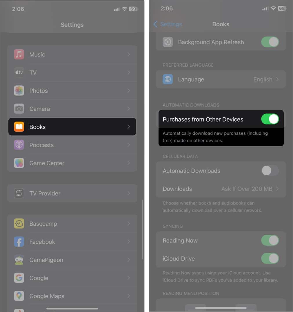 select books, toggle on purchases on other device in settings