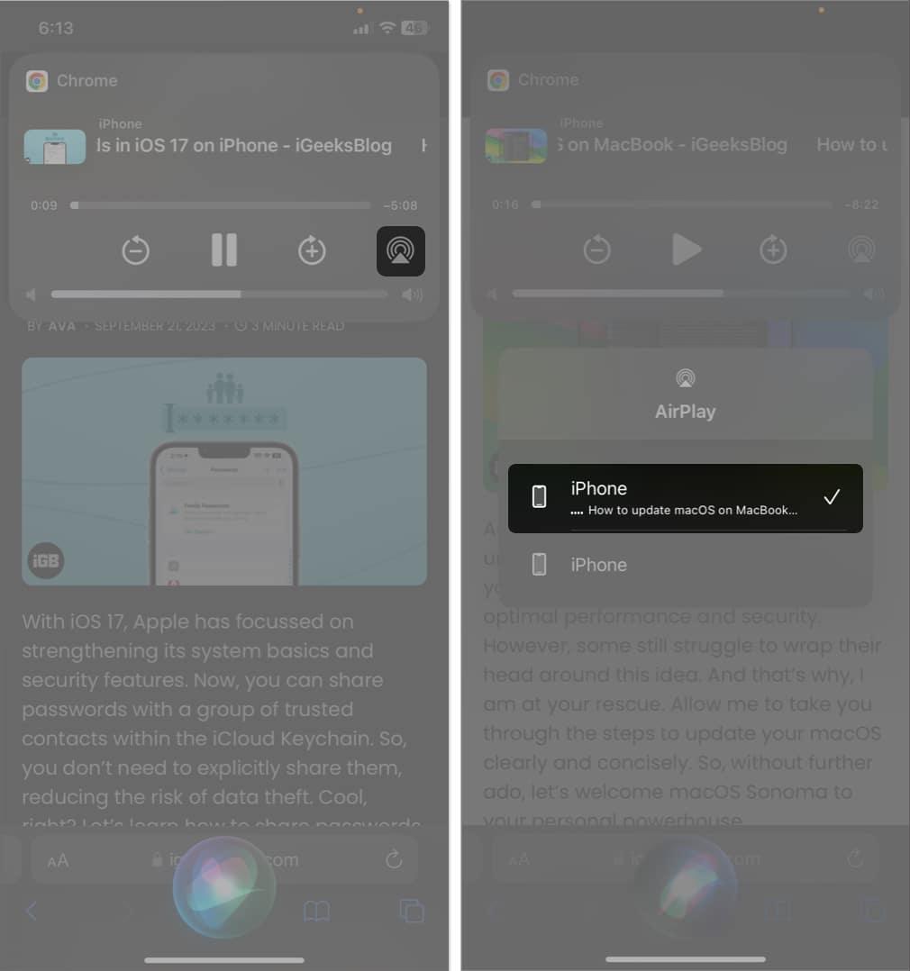 tap airplay, select device in safari