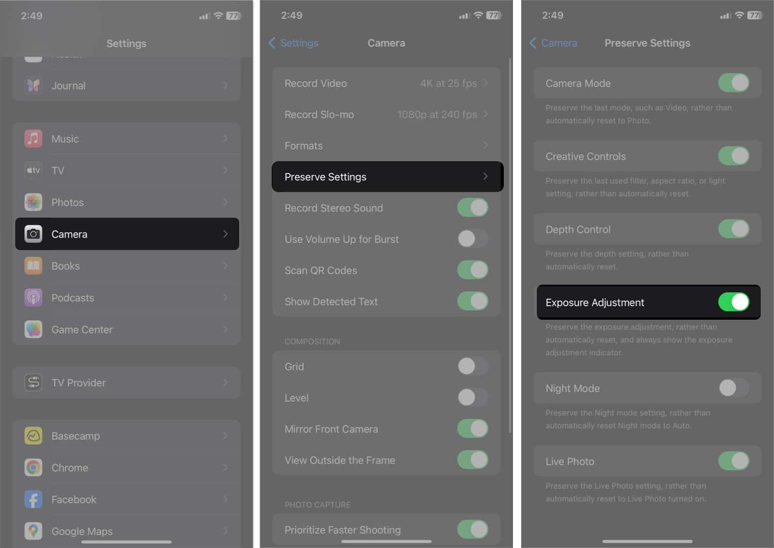 tap camera, preserve settings, toggle on exposure adjustment in settings