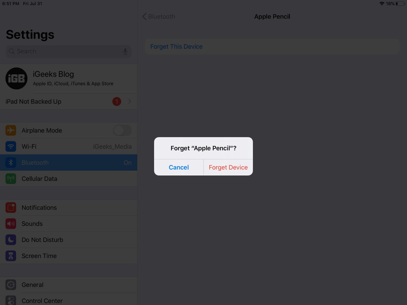 tap on forget device to disconnect apple pencil on ipad