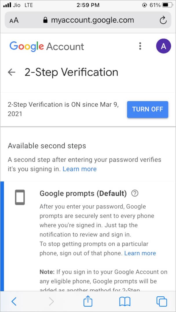 Turn off Google 2-Step Verification