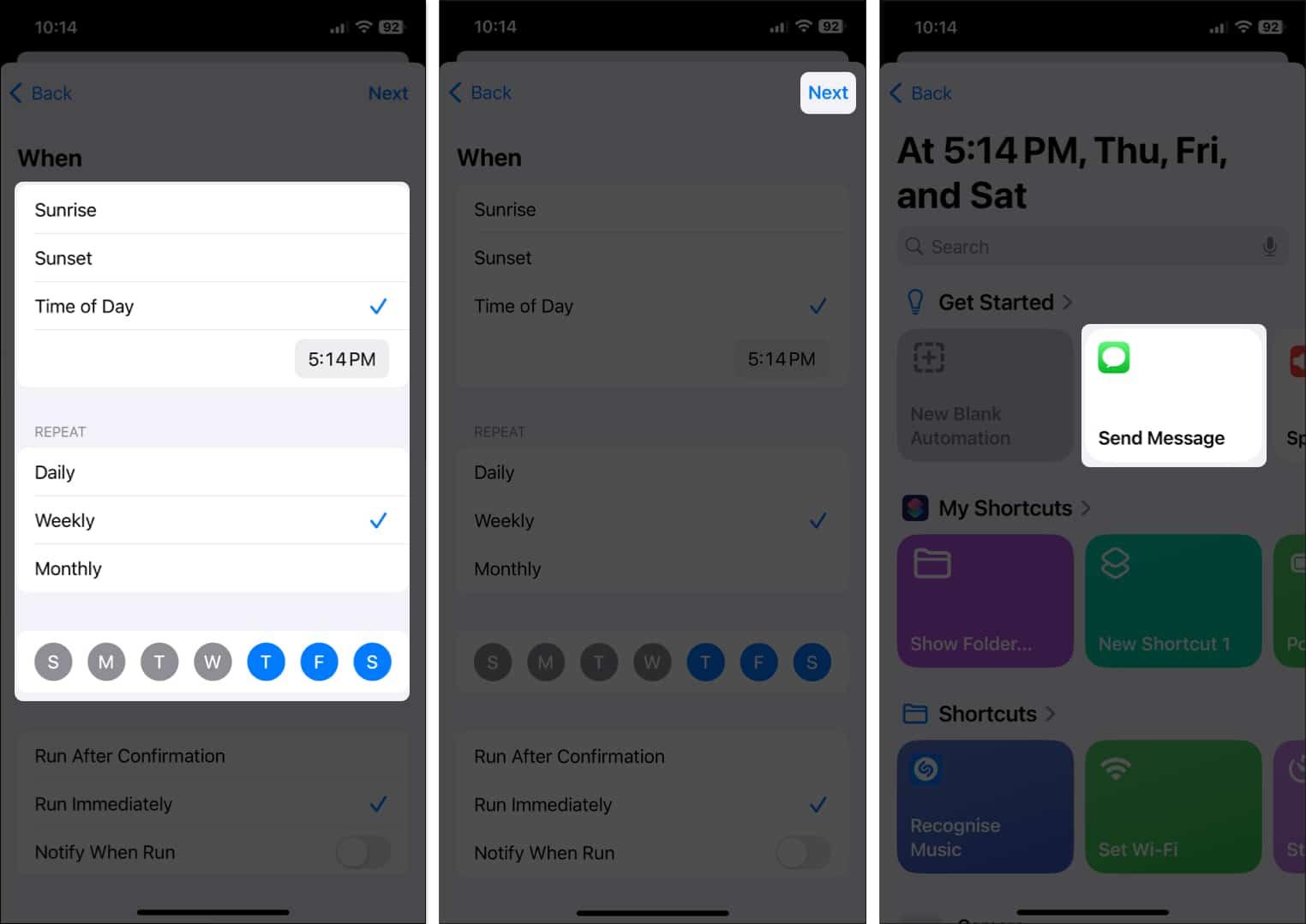 Adjust the Time and Repeat parameters, hit Next and select the Send Message