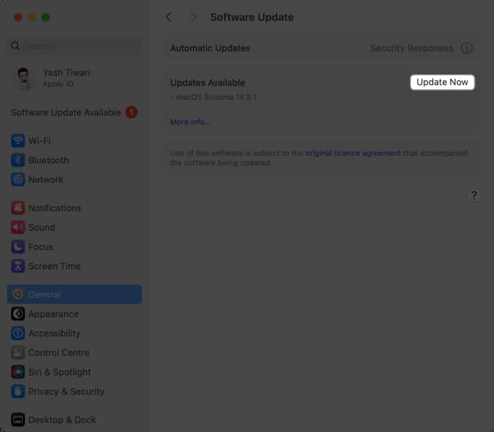 Click Update Now in System Settings