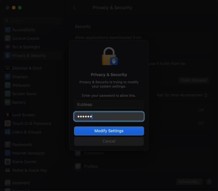 Enter passcode, Modify Settings