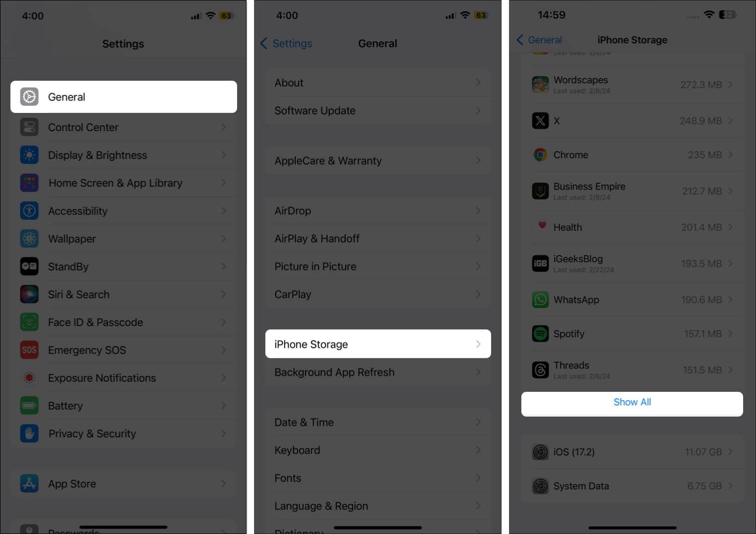 Go to General, iPhone Storage and tap Show All