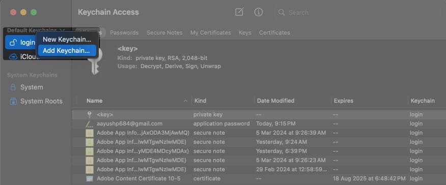 Open Keychain Access, Right-click Keychain Access app's sidebar and Select Add Keychain