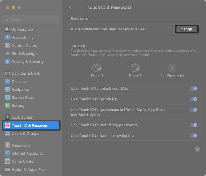 Open Settings on Mac, select Touch ID and Password and tap on Change