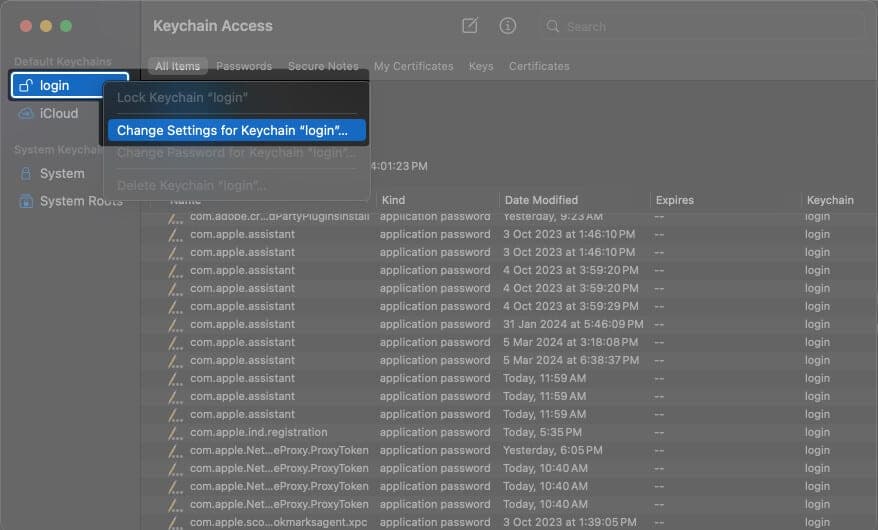 Right-click on login and Then select Change Settings for Keychain login