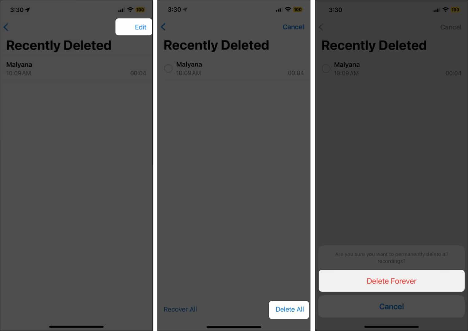 Select Edit, tap Delete all and Delete Forever