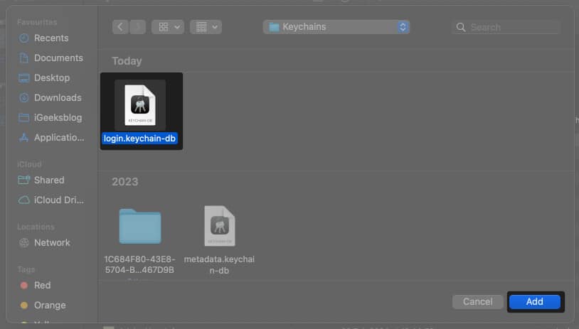 Select login.keychain-db and click on Add