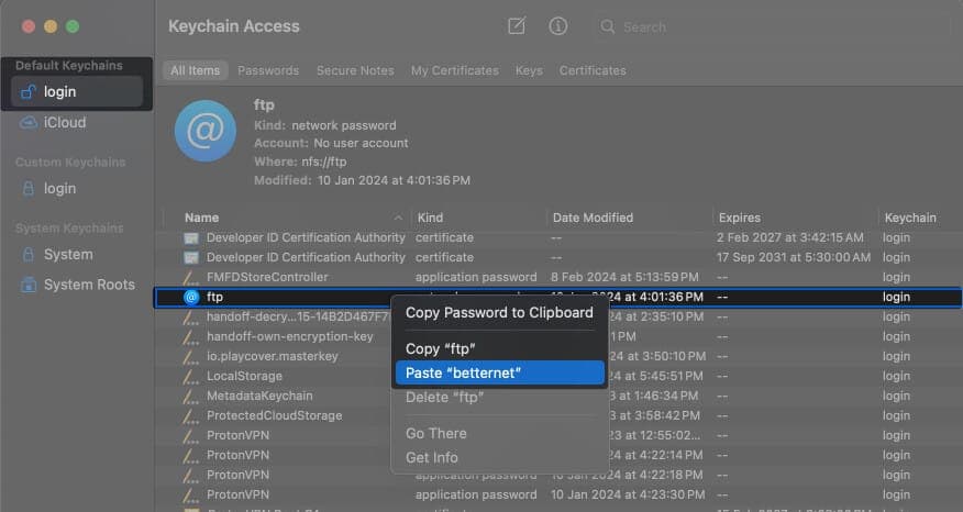 Select the Login Keychain, Right-click the area with a striped background and Select Paste