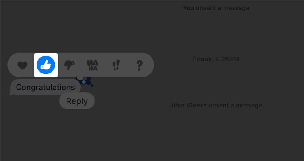 Tap on selected Tapback icon to remove the Tapback reaction