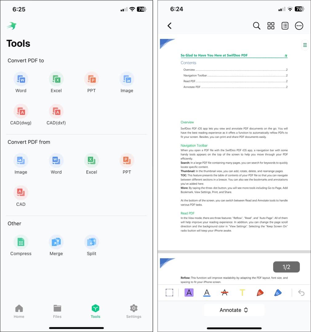 Tools used to edit PDFs in SwifDoo iOS app