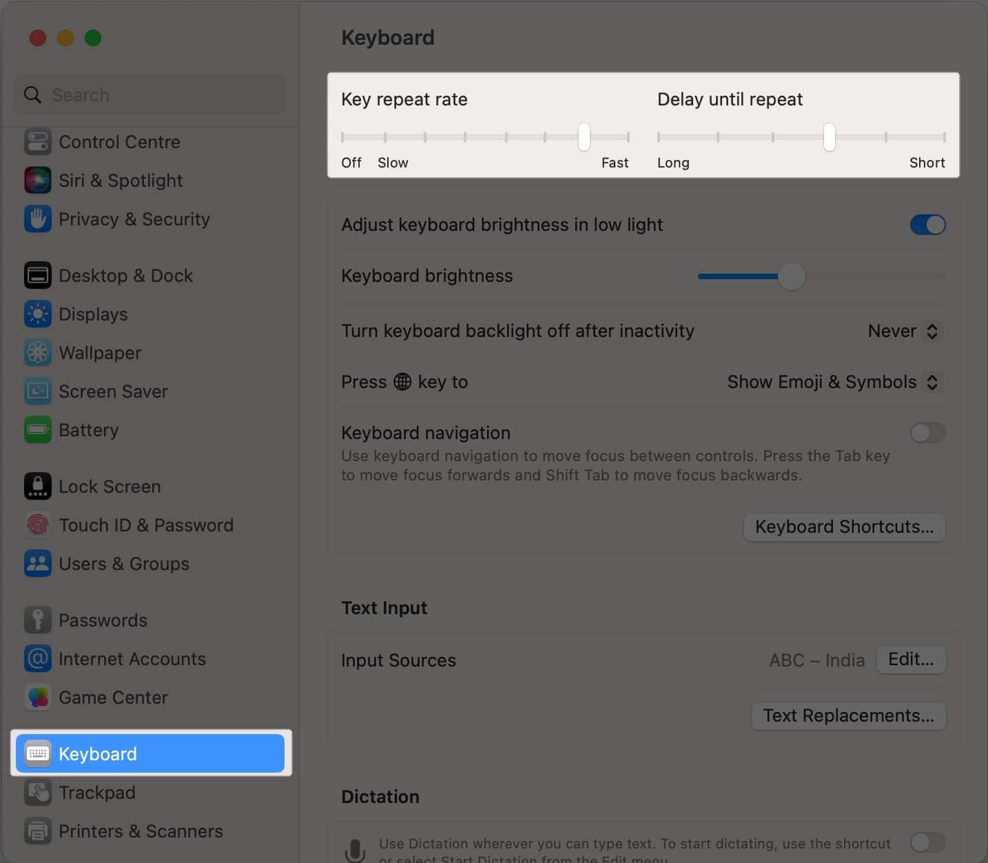 Select Keyboard in Settings, adjust Key repeat rate and Delay until repeat on Mac