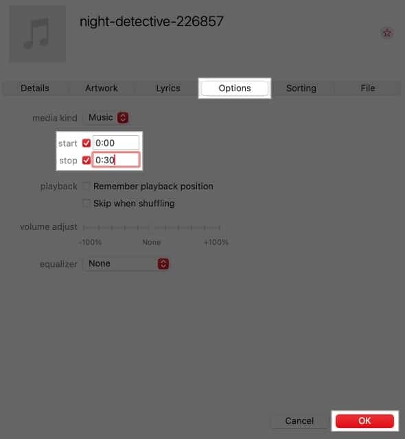 Select Options and set start and stop time