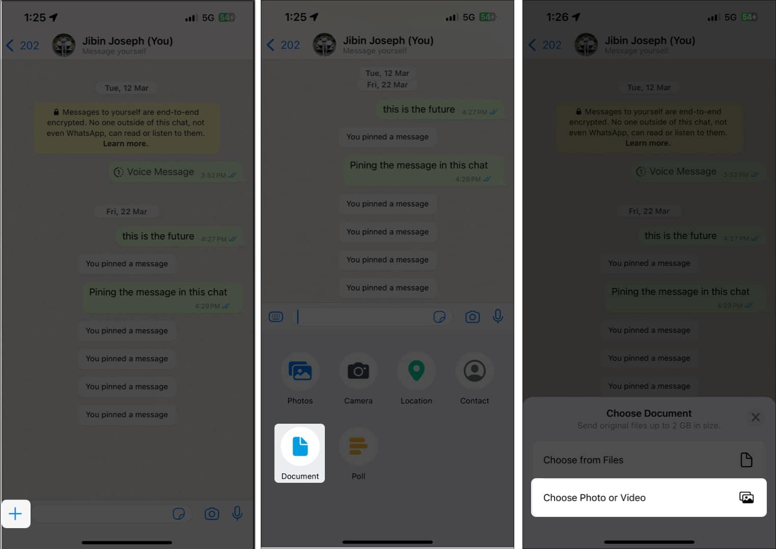 Tap the Plus icon, Choose Document, and Tap Choose Photo or Video