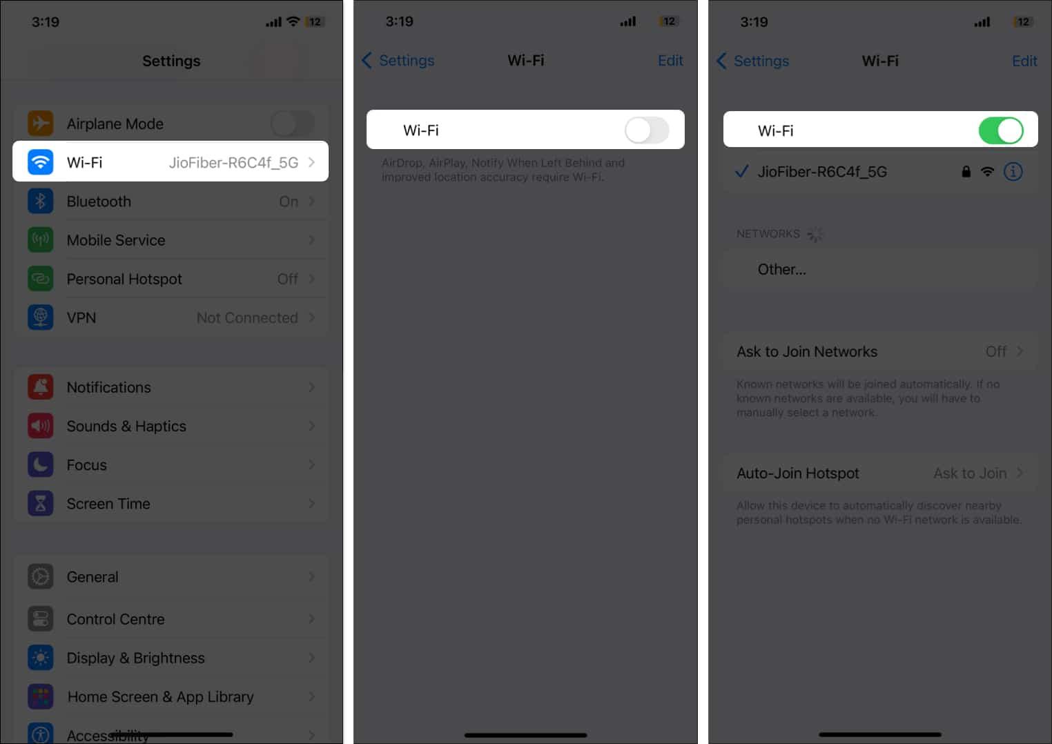 Toggle Wi-Fi off and on again on iPhone