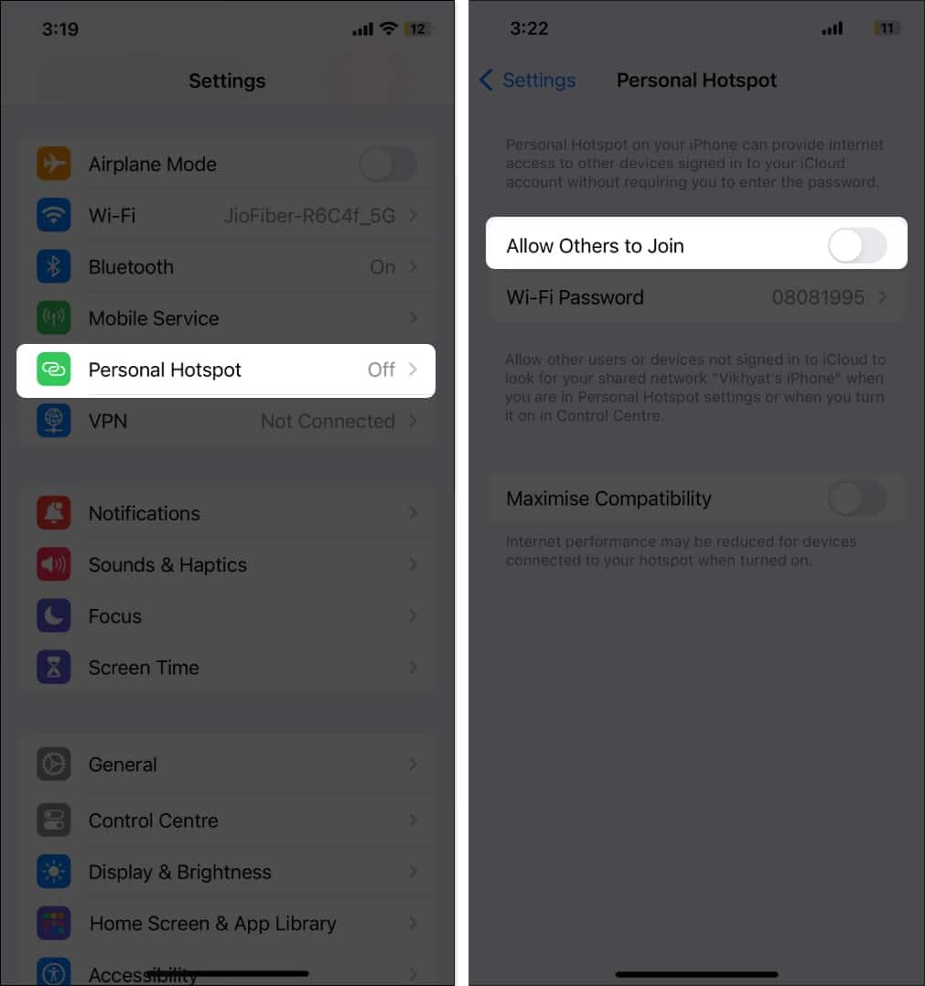 Turn off personal Hotspot on iPhone