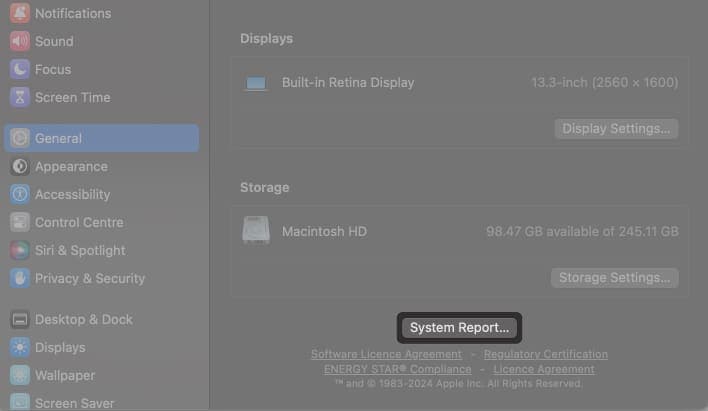 system report in general settings