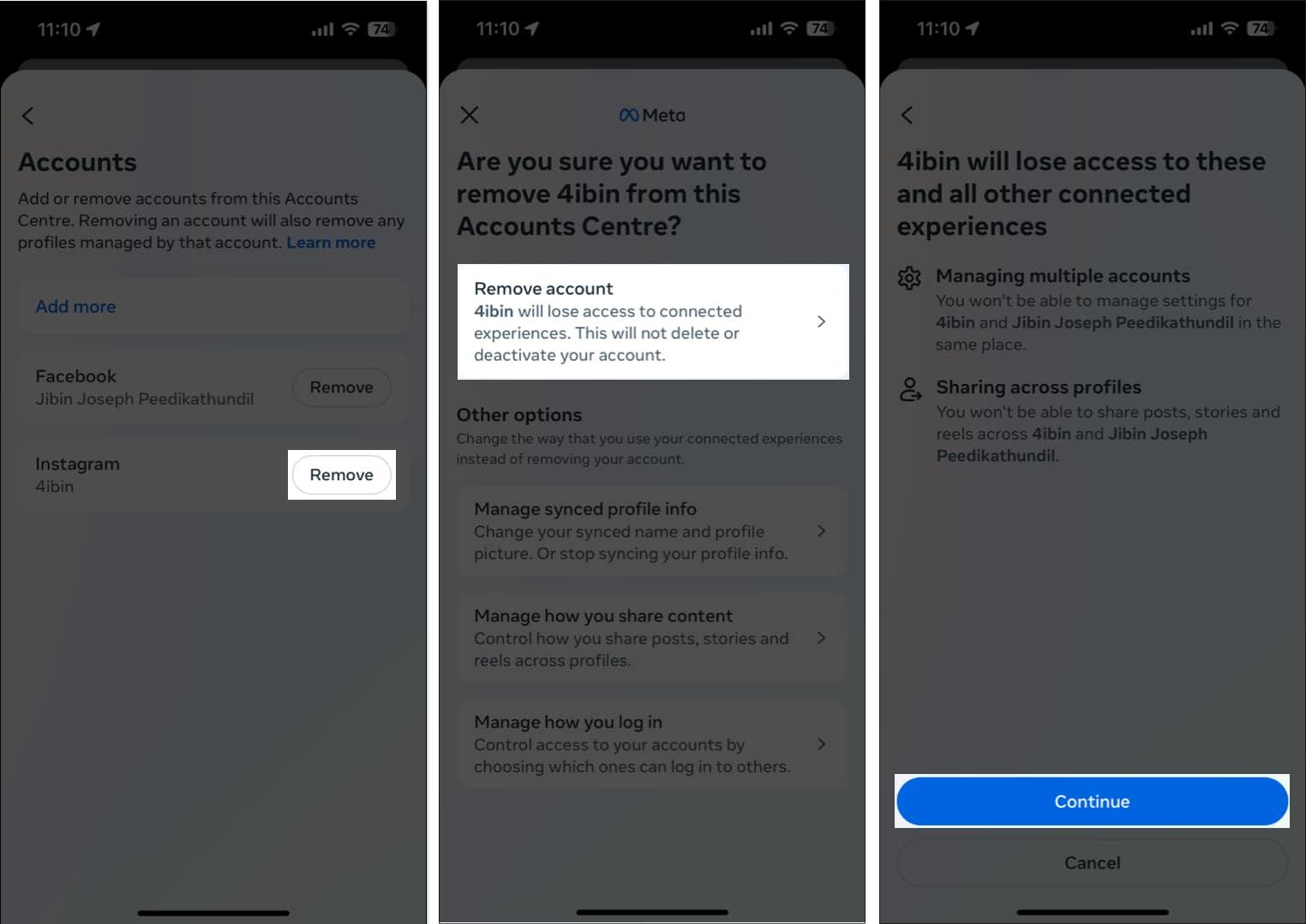 Continue to Remove Instagram account from Facebook
