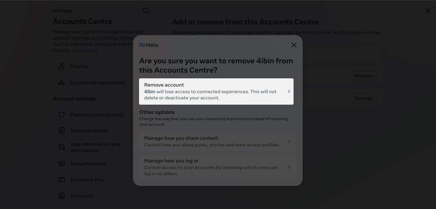Remove account option on Facebook web
