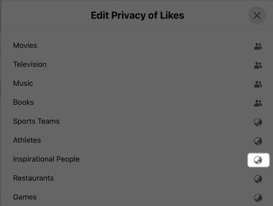 Select globe icon to edit likes privacy
