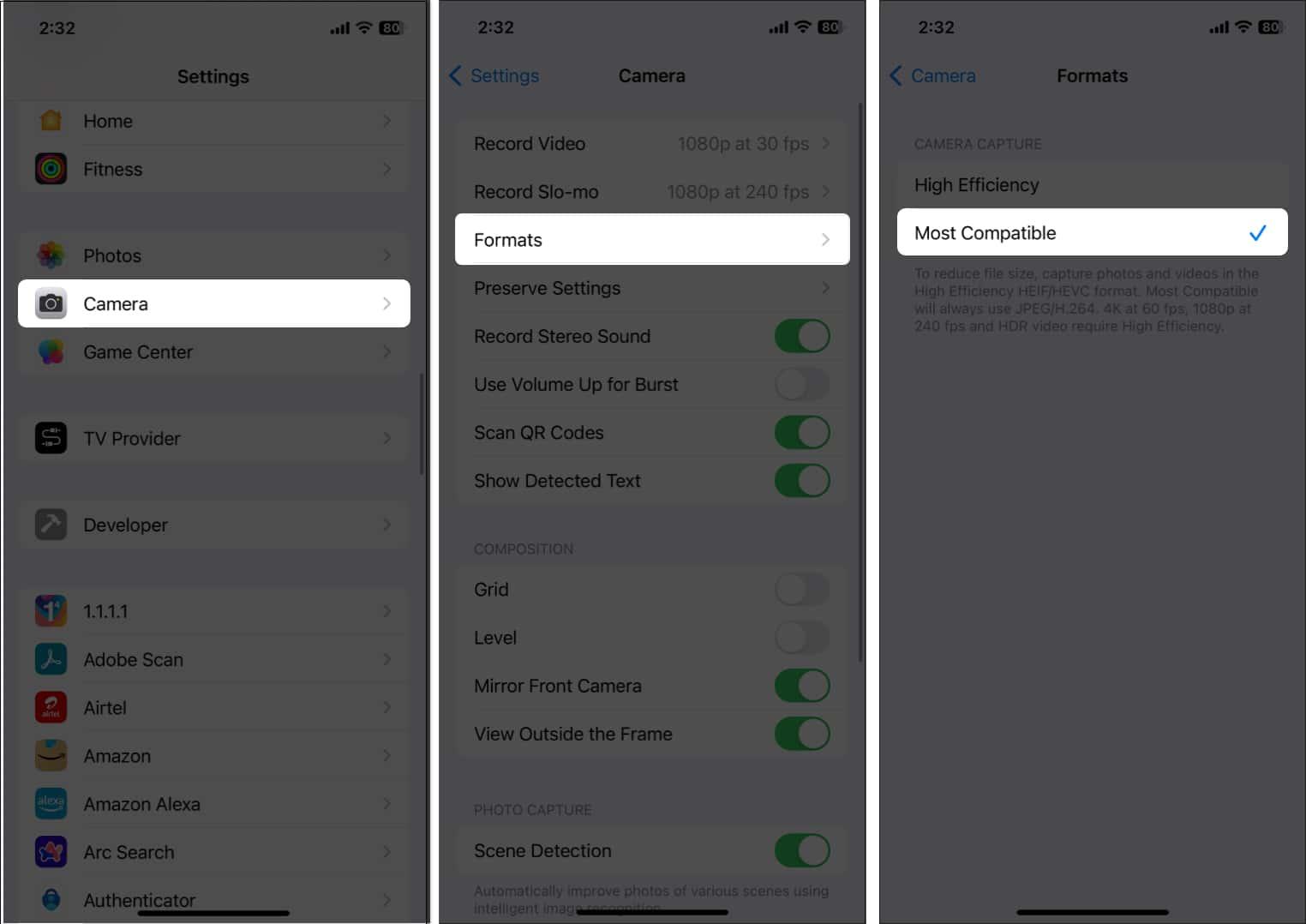 Select Most Compatible Formats in Camera Settings