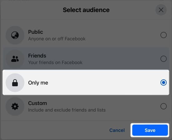 Select only me tap save