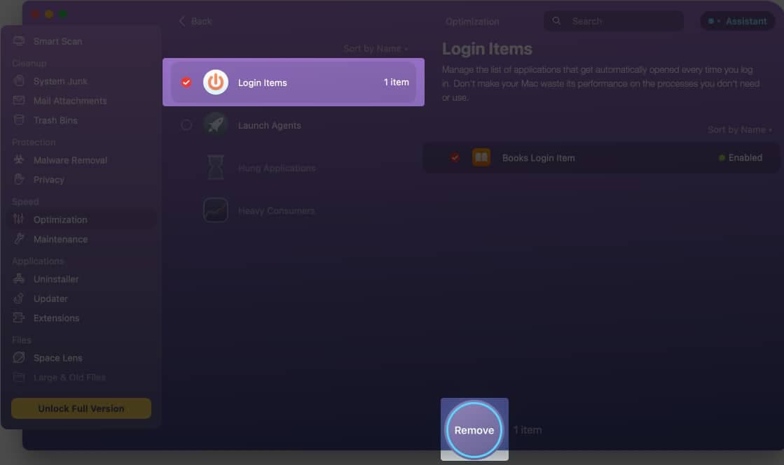 Select login item to Remove