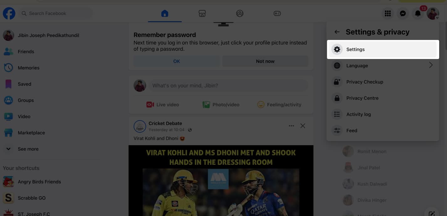 Settings option in Facebook on web