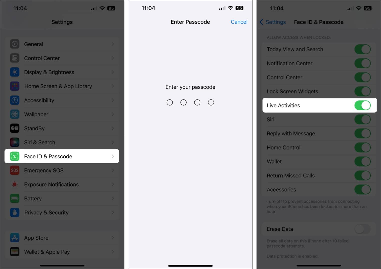 Tap Face ID and Passcode, enter passcode, toggle on Live Activities