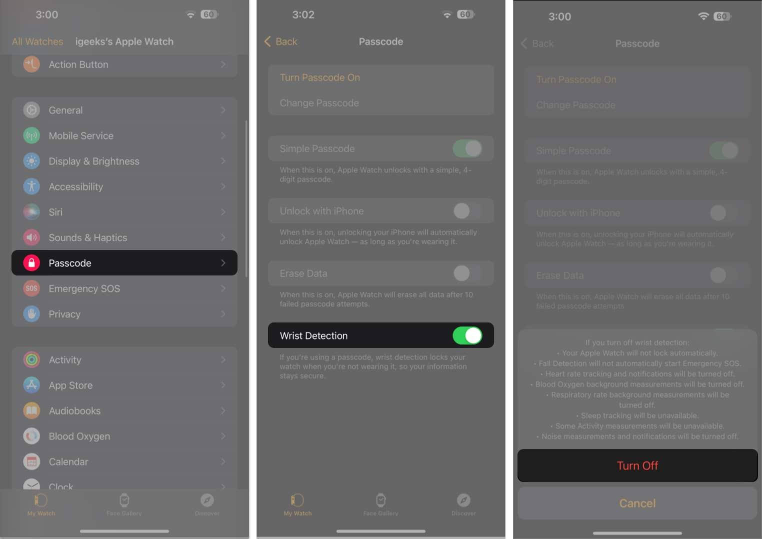 Tap Passcode Toggle of Wrist Detection Tap Turn Off