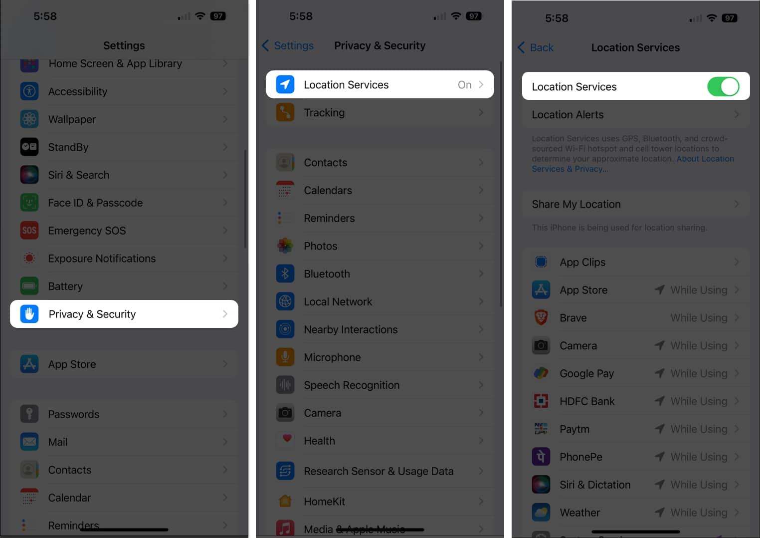 Enabling Location Services on an iPhone.