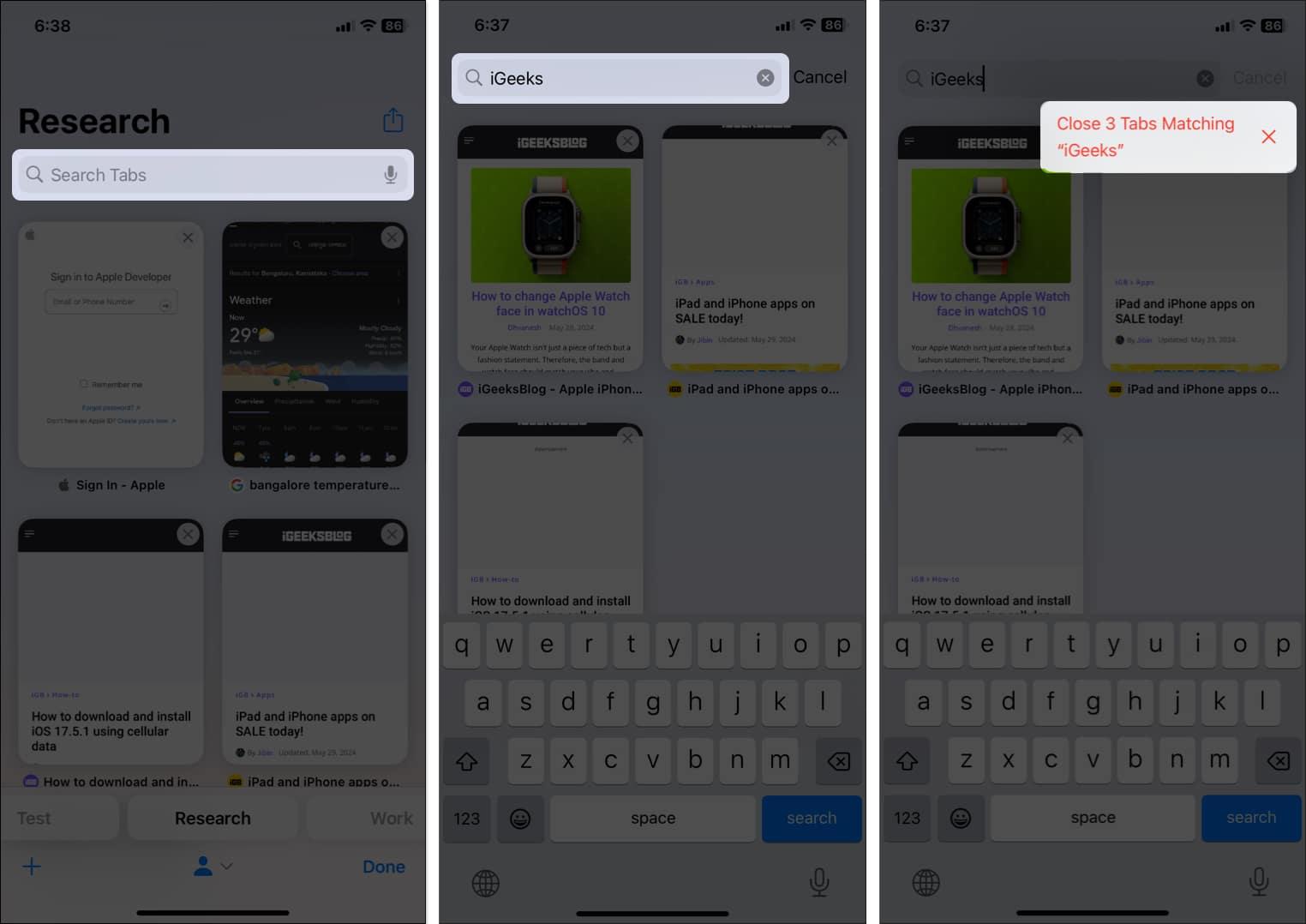 Tap search bar, write desired work, tap close tabs matching to close all similar tabs in Safari