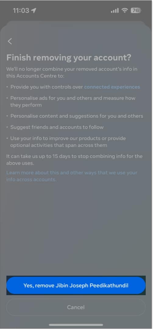 Yes to remove account Facebook account from Instagram