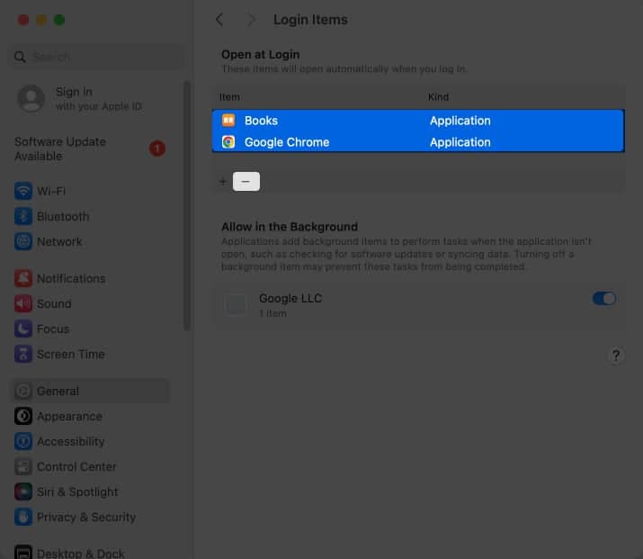 - button to remove selected apps from login